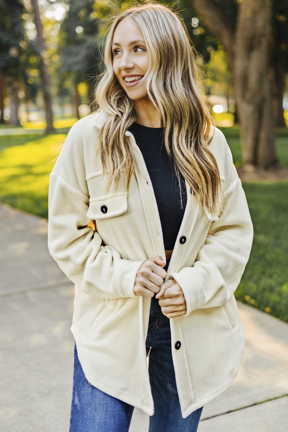 Button Up Collared Neck Long Sleeve Jacket-Angel Casuals