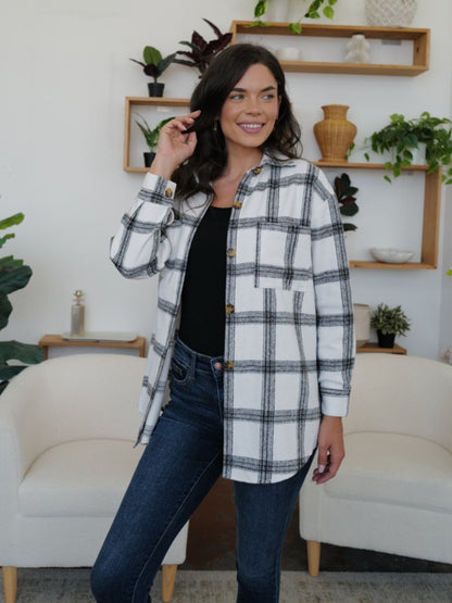 FAM-FAM Plaid Collared Neck Long Sleeve Shacket-Angel Casuals