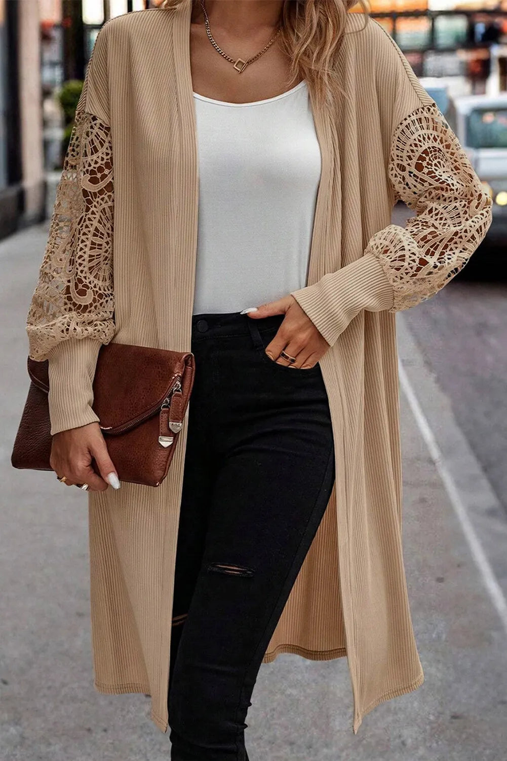 Open Front Lace Lantern Sleeve Cover-Up-Angel Casuals