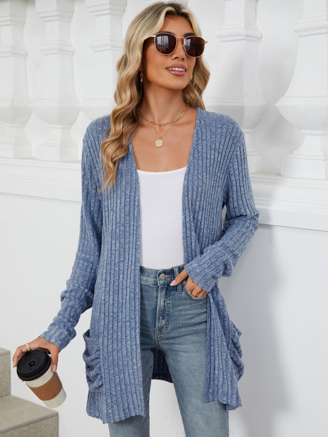 Pocketed Open Front Long Sleeve Cardigan-Angel Casuals