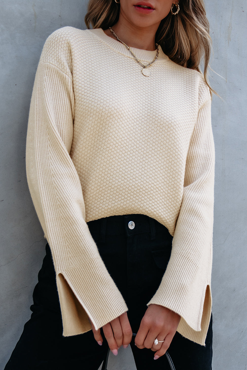 Slit Cuff Round Neck Long Sleeve Sweater-Angel Casuals