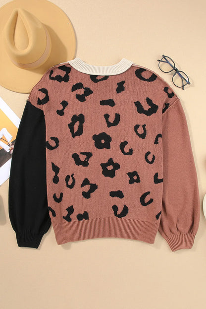 Leopard Round Neck Long Sleeve Sweater-Angel Casuals