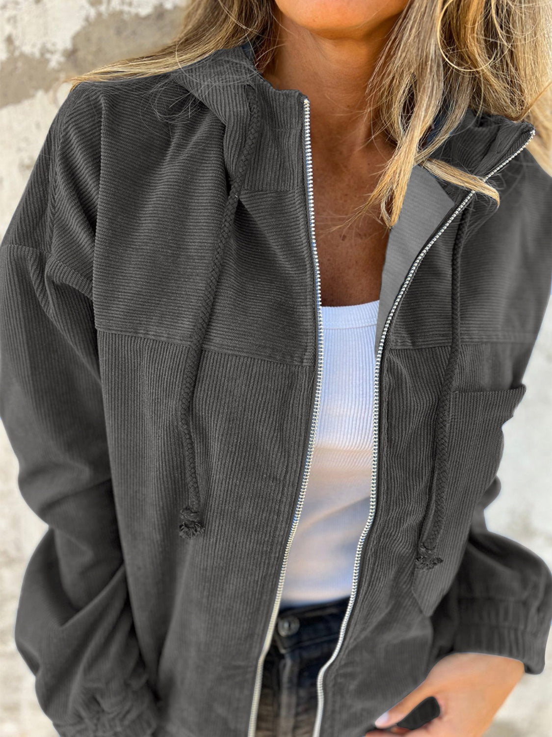 Drawstring Zip Up Long Sleeve Hooded Jacket-Angel Casuals