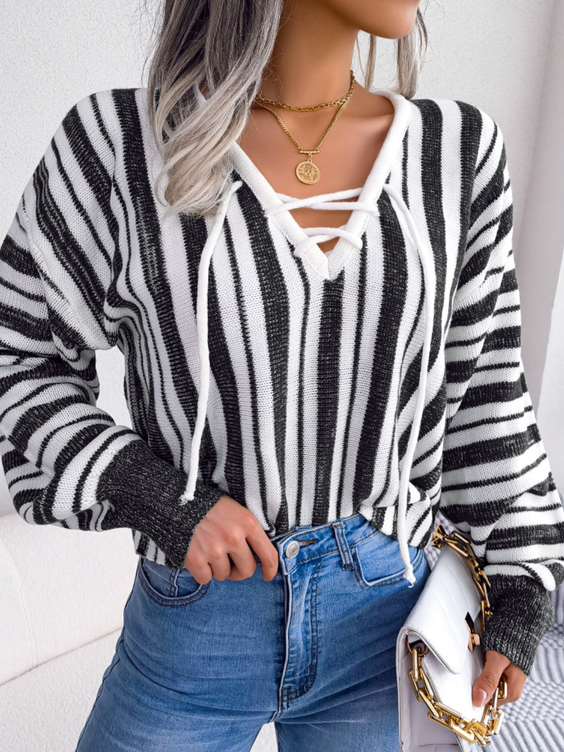 Striped Lace-Up Long Sleeve Sweater-Angel Casuals