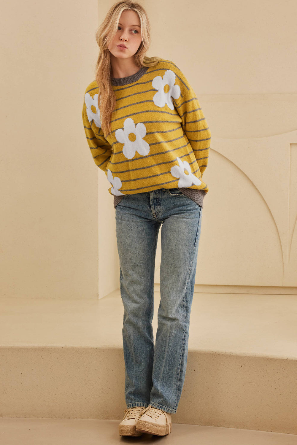 Flower Stripe Round Neck Long Sleeve Sweater-Angel Casuals