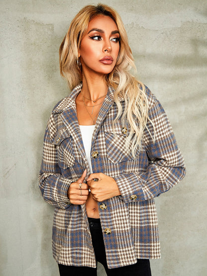 Plaid Button Down Collared Jacket-Angel Casuals