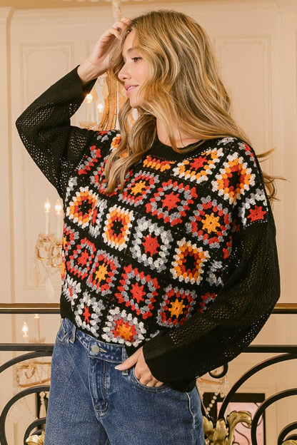 BiBi Granny Square Front Long Sleeve Top-Angel Casuals