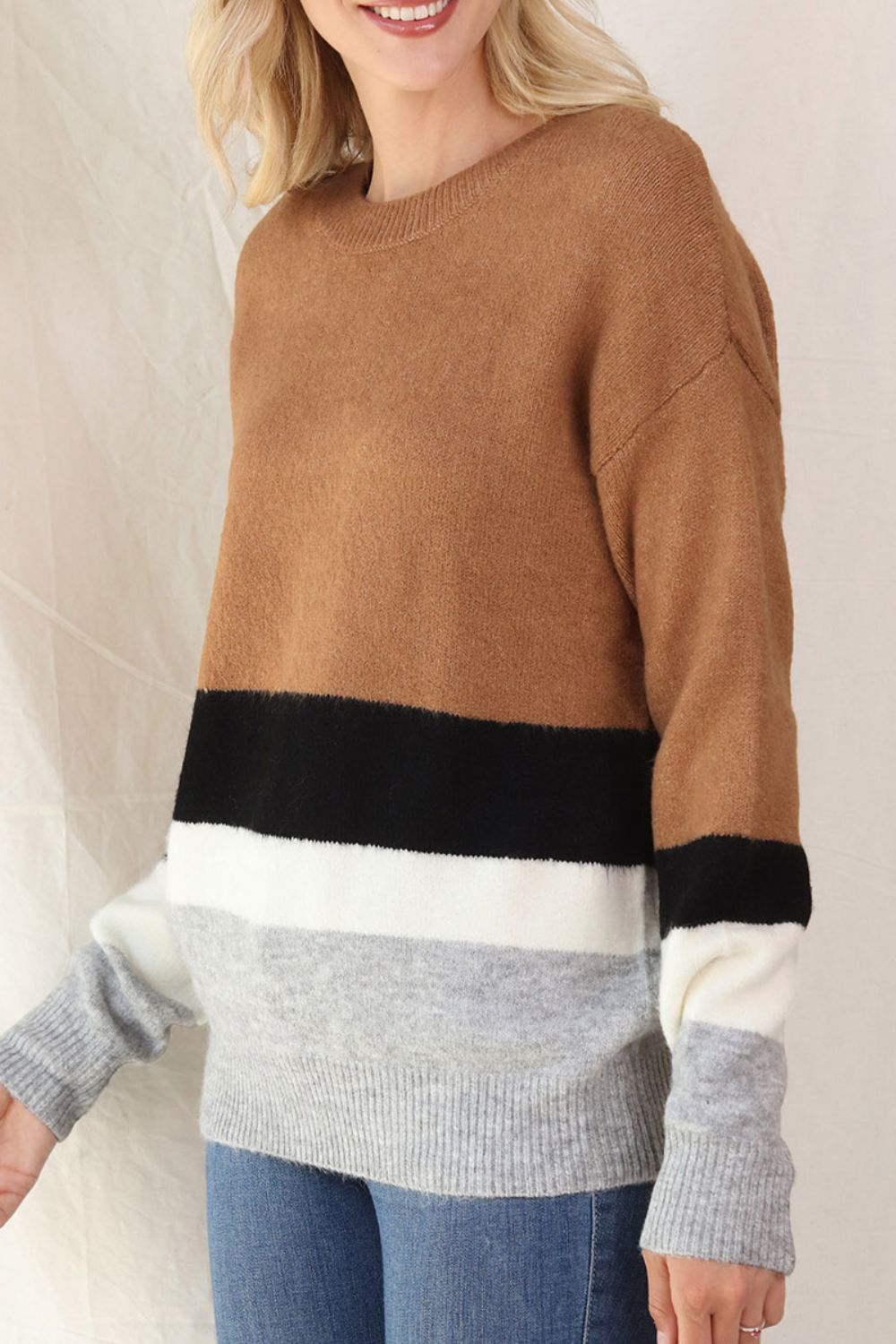 Color Block Round Neck Dropped Shoulder Sweater-Angel Casuals