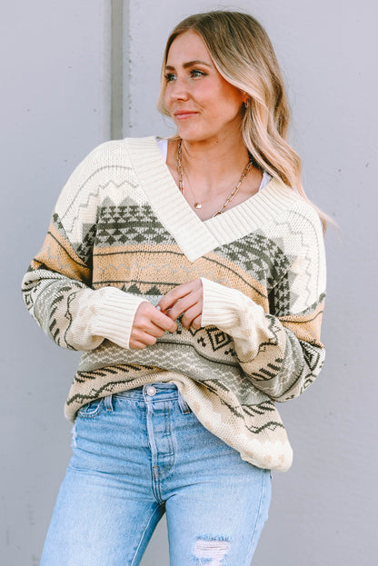 Geometric V-Neck Dropped Shoulder Sweater-Angel Casuals