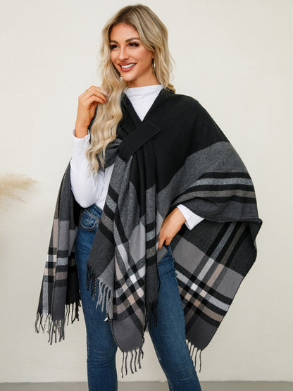 Fringe Contrast Plaid Poncho-Angel Casuals