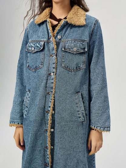 Pocketed Button Up Denim Jacket with Fur Lining-Angel Casuals