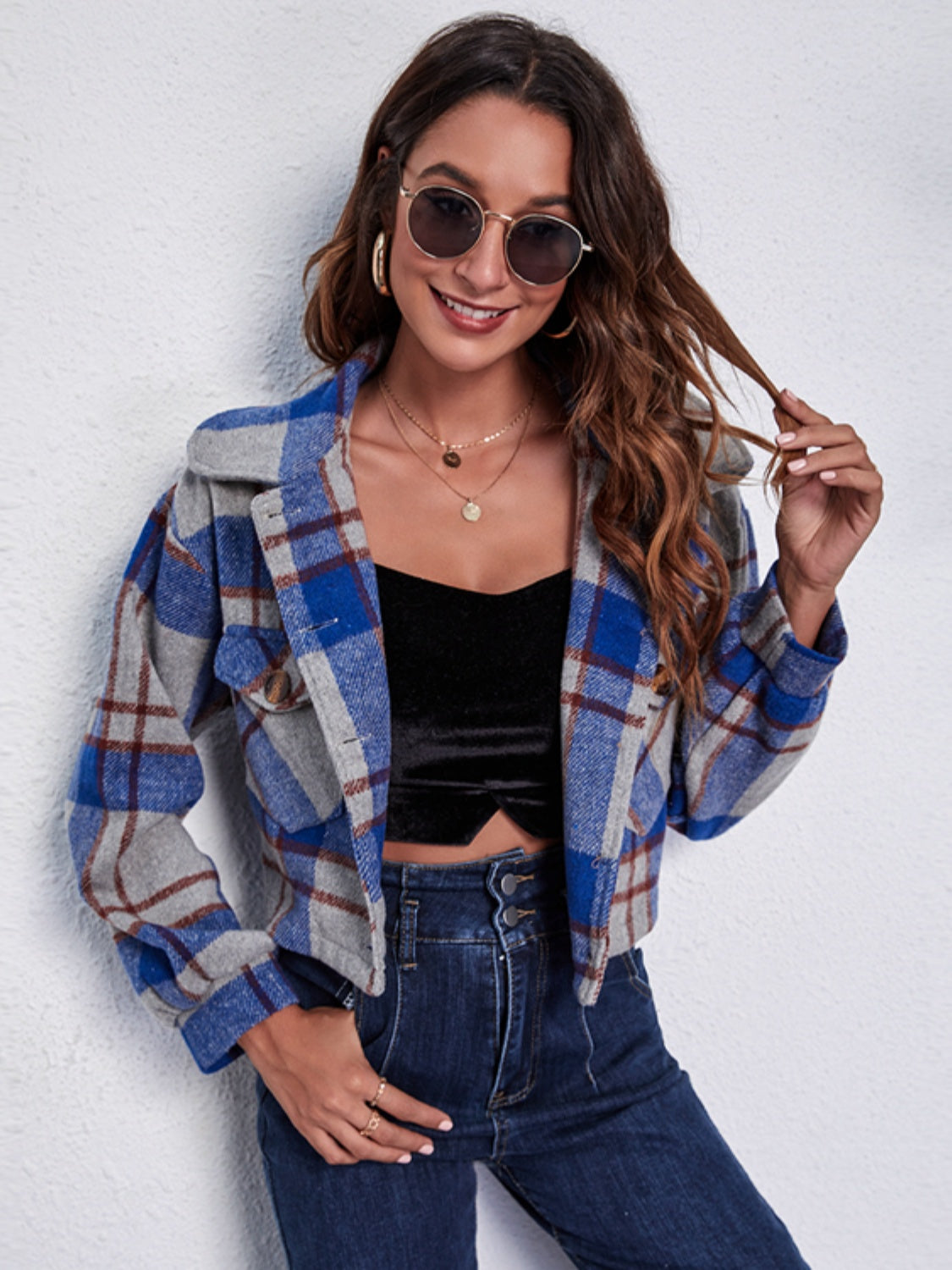 Plaid Button Front Jacket with Pockets-Angel Casuals