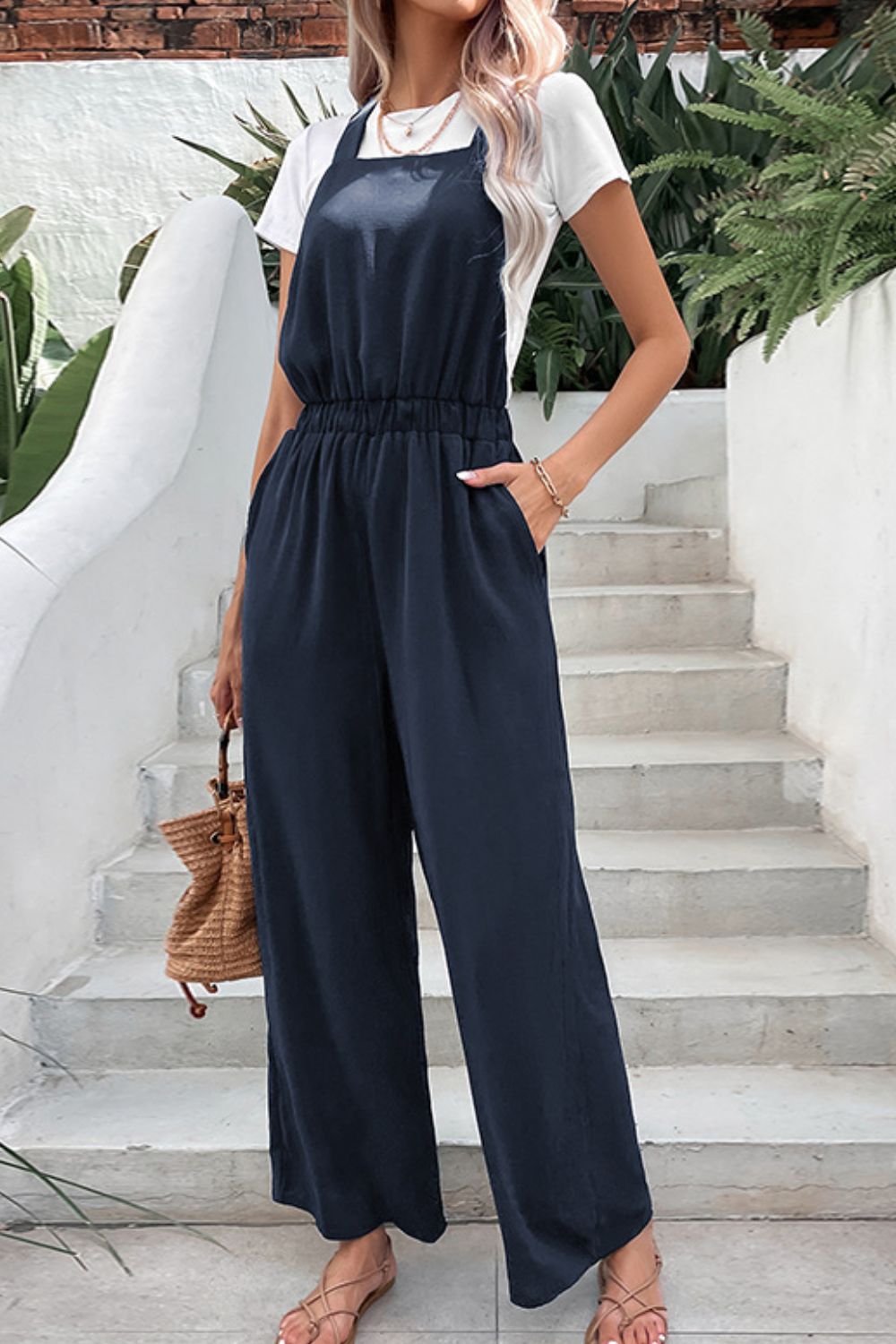 Elastic Waist Overalls with Pockets-Angel Casuals