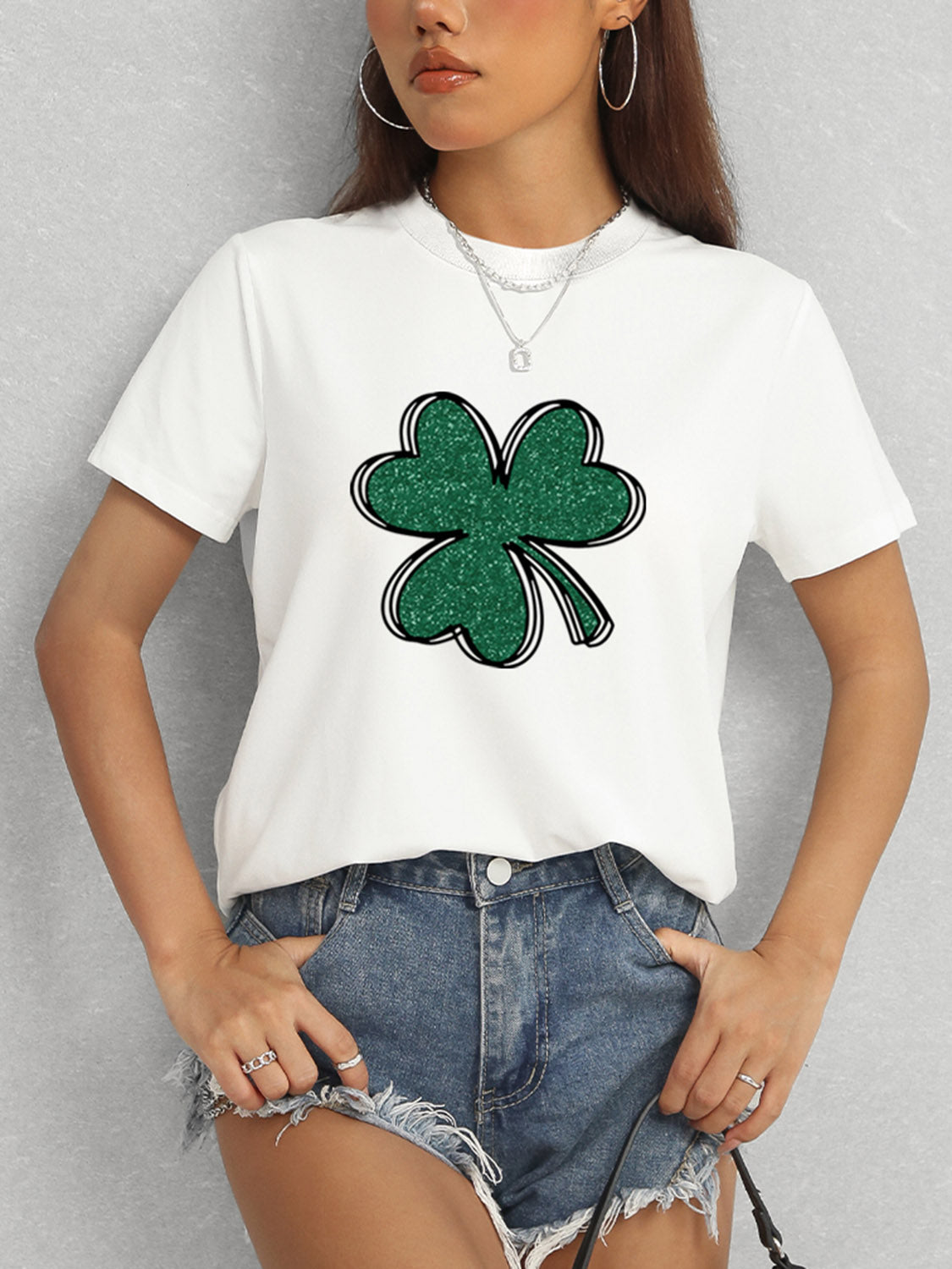 Lucky Clover Round Neck T-Shirt-Angel Casuals