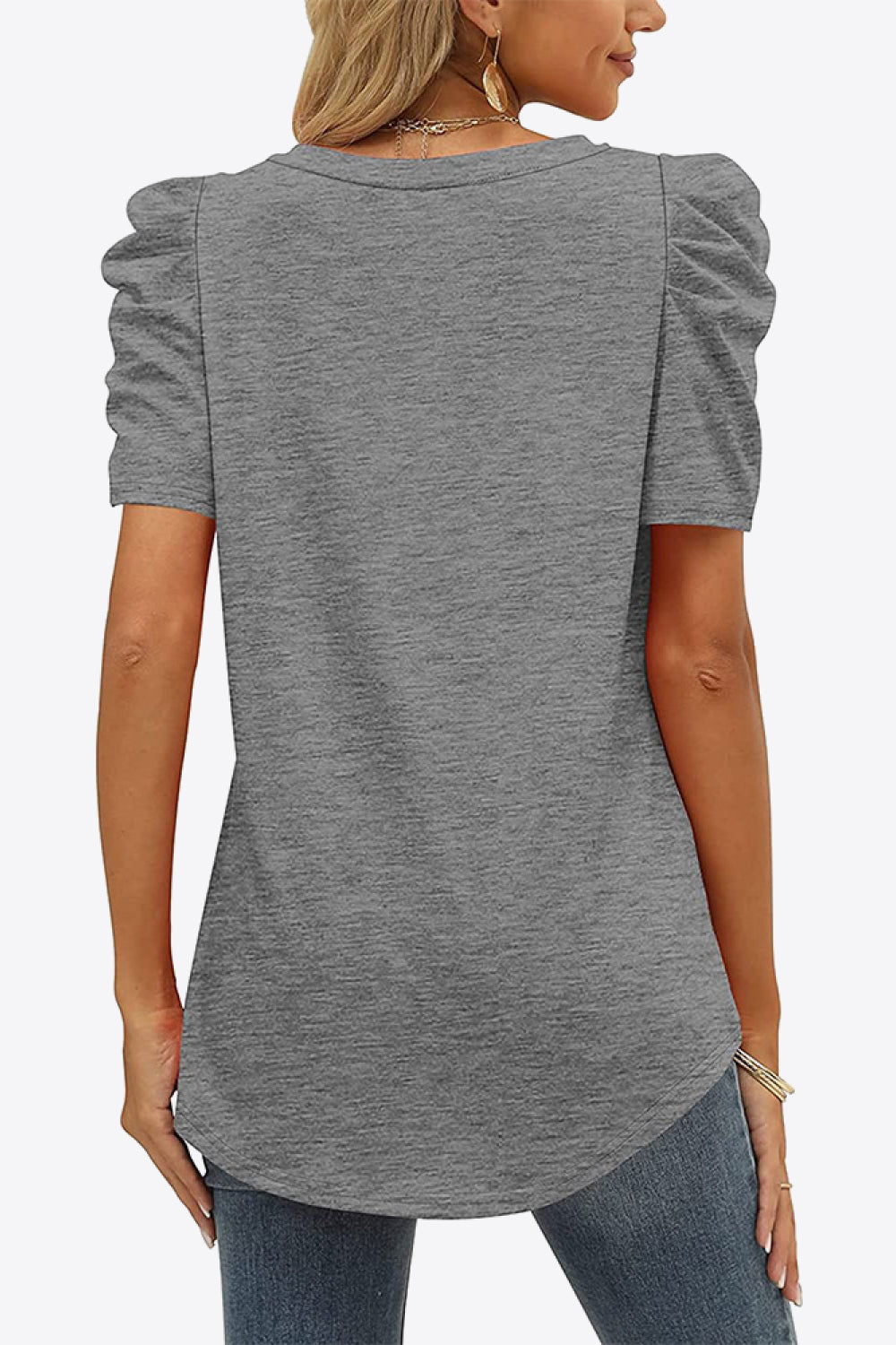 V-Neck Puff Sleeve Tee-Angel Casuals