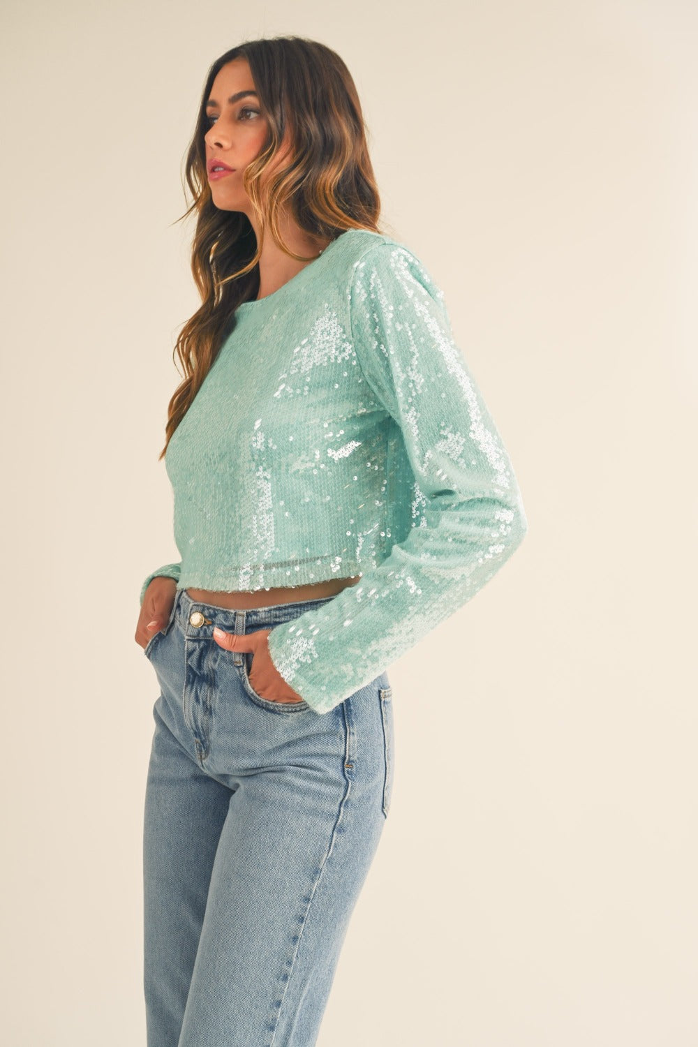 MABLE Shoulder Padded Sequin Crop Top-Angel Casuals