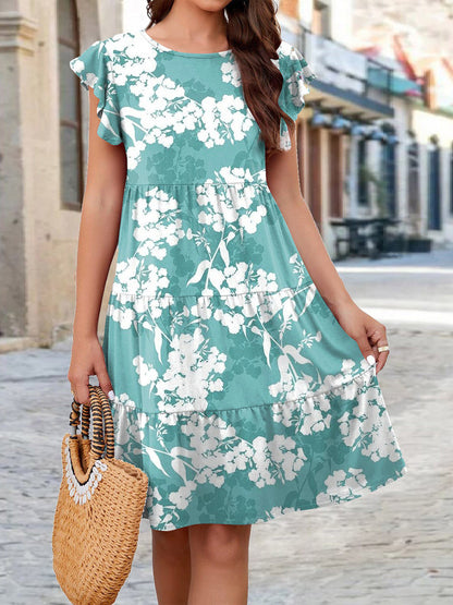 Printed Round Neck Tiered Dress-Angel Casuals