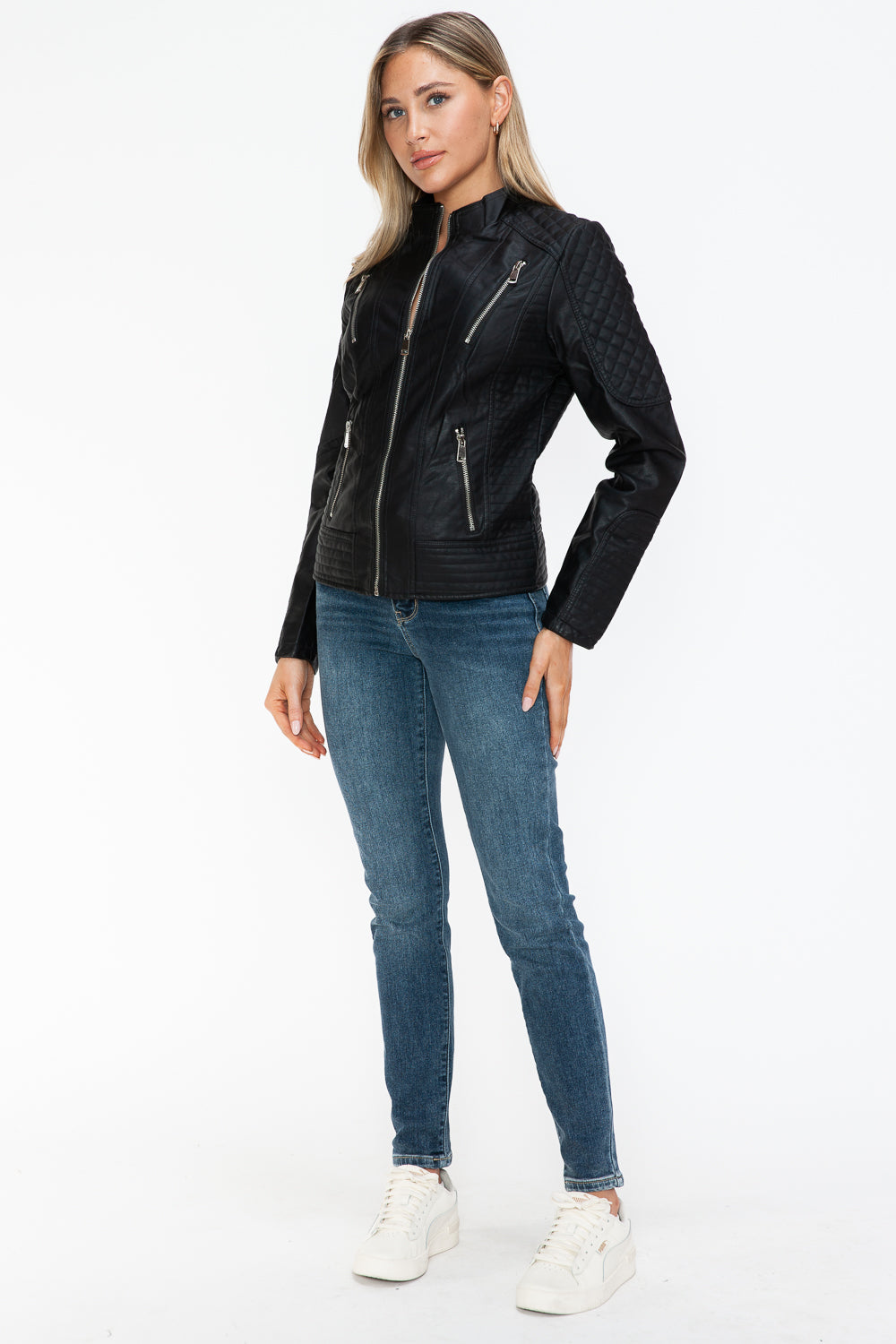 Snobbish Faux Leather Zip Up Mock Neck Jacket-Angel Casuals