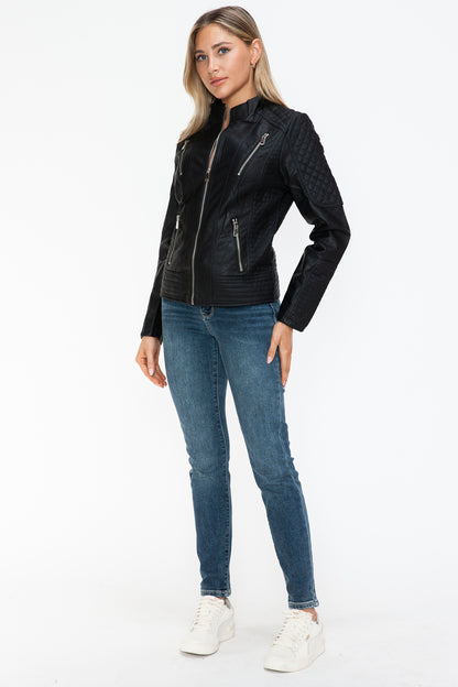 Snobbish Faux Leather Zip Up Mock Neck Jacket-Angel Casuals