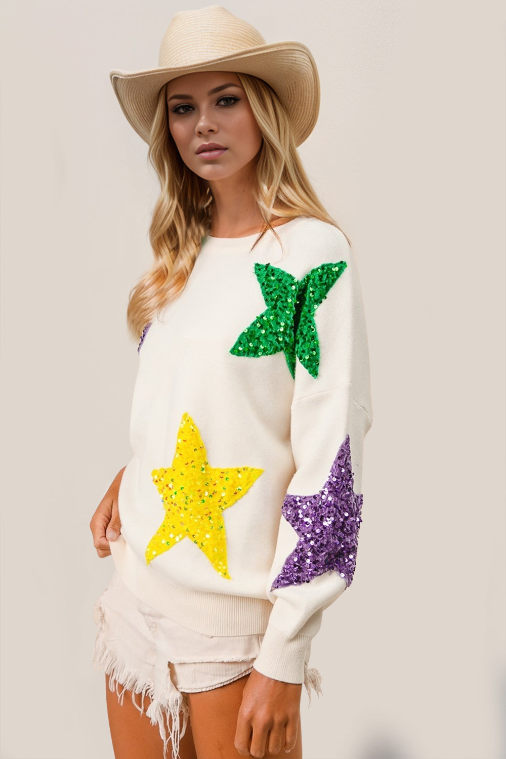 Double Take Sequin Star Round Neck Dropped Shoulder Sweater-Angel Casuals