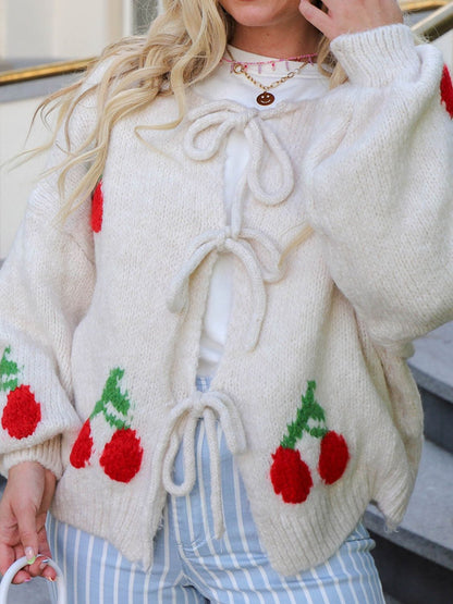 Tied Cherry Round Neck Long Sleeve Cardigan-Angel Casuals