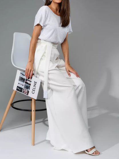 Full Size Sequin Round Neck Short Sleeve Wide Leg Jumpsuit-Angel Casuals