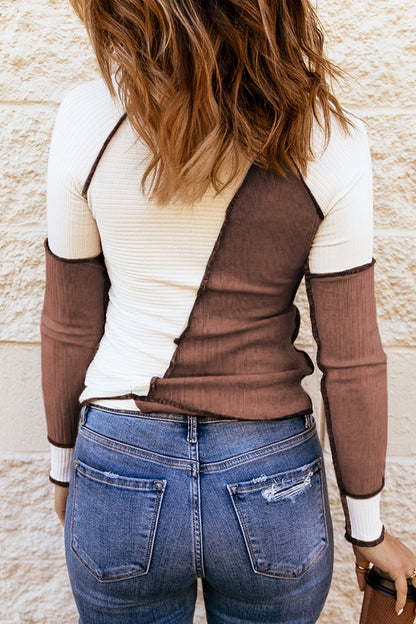 Color Block Round Neck Long Sleeve T-Shirt-Angel Casuals