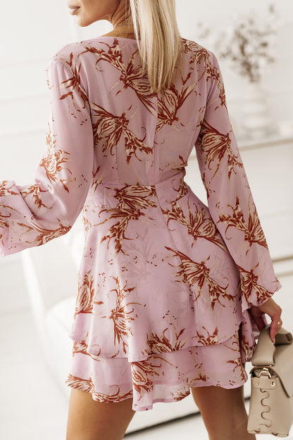 Printed Surplice Balloon Sleeve Mini Dress-Angel Casuals