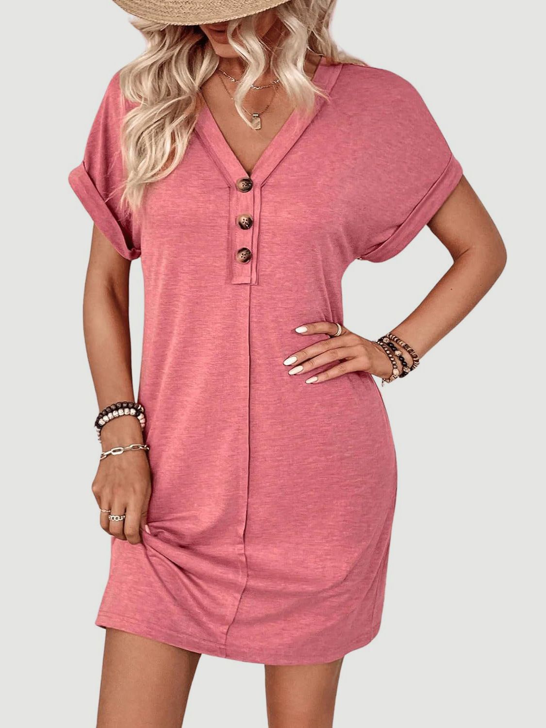 Quarter Button V-Neck Short Sleeve Dress-Angel Casuals