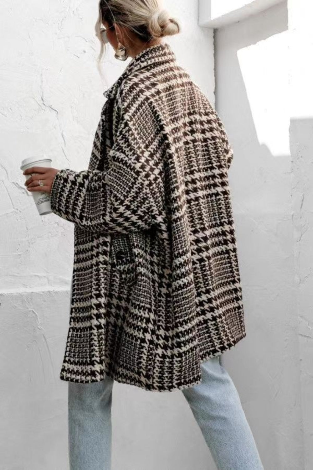 Houndstooth Collared Neck Long Sleeve Coat with Pockets-Angel Casuals