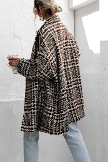 Houndstooth Collared Neck Long Sleeve Coat with Pockets-Angel Casuals