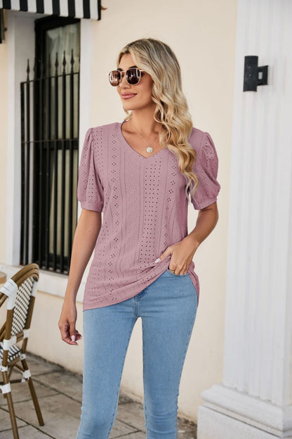 Eyelet Puff Sleeve V-Neck Top-Angel Casuals