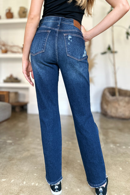 Judy Blue Full Size High Waist Rigid Magic Heavy Destroy Straight Jeans-Angel Casuals