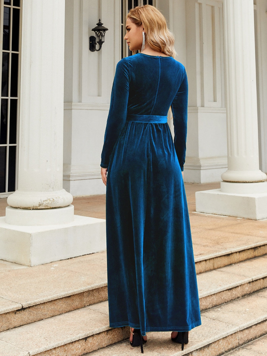 Tie Front Round Neck Long Sleeve Maxi Dress-Angel Casuals