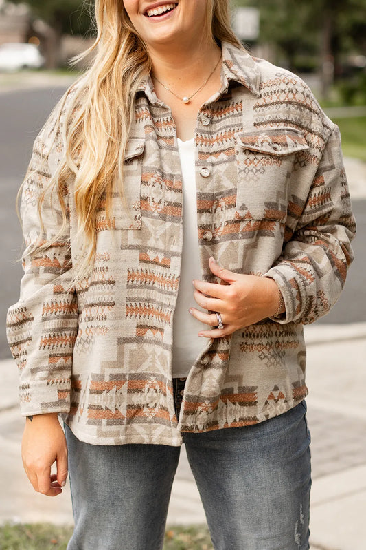 Plus Size Geometric Collared Neck Long Sleeve Jacket-Angel Casuals