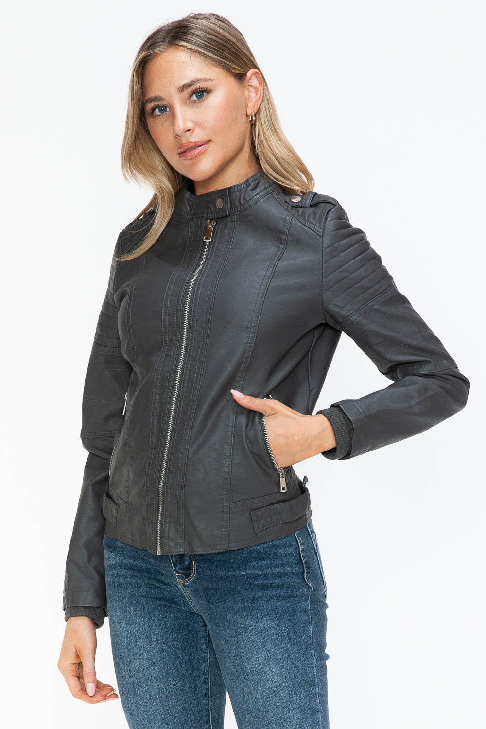 Snobbish PU Leather Biker Jacket with Side Zip Pockets-Angel Casuals