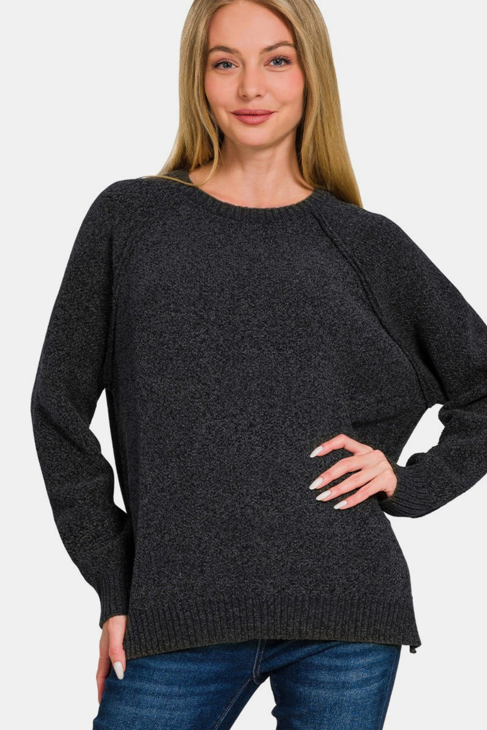 Zenana Side Slit Raglan Sleeve Sweater-Angel Casuals