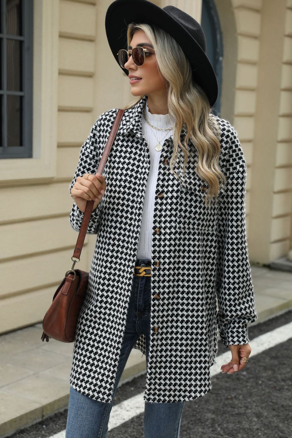 Houndstooth Button Up Dropped Shoulder Coat-Angel Casuals