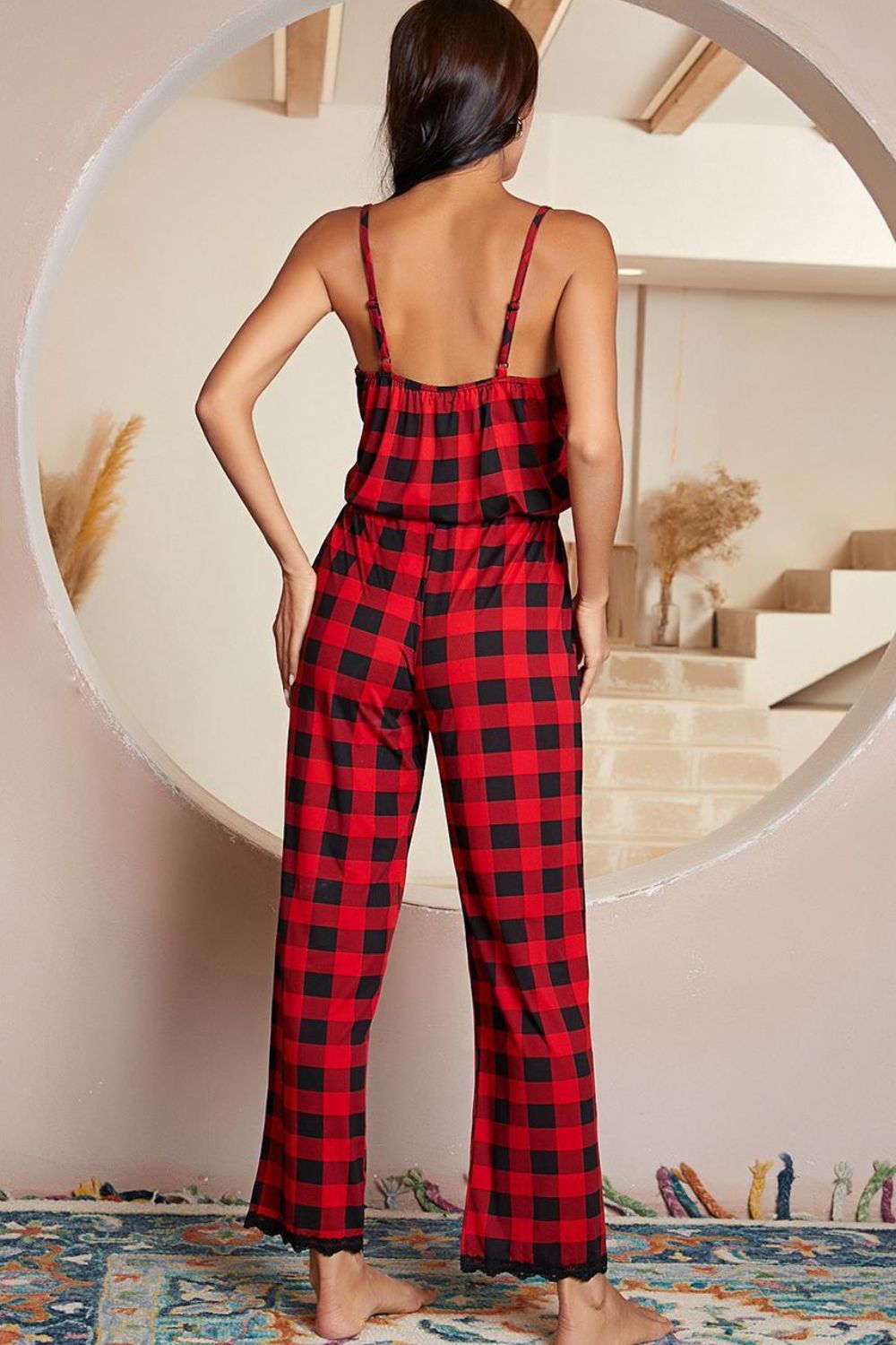 Plaid Lace Trim Spaghetti Strap Jumpsuit-Angel Casuals