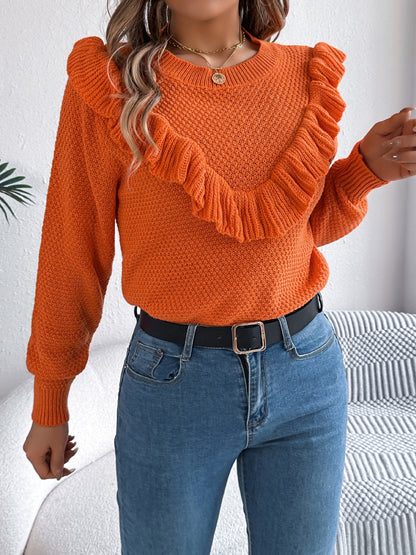 Ruffled Round Neck Long Sleeve Sweater-Angel Casuals