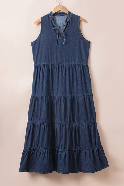 Tie Neck Sleeveless Denim Dress-Angel Casuals