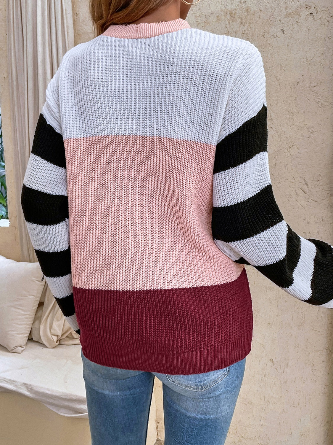 Color Block Tied Dropped Shoulder Sweater-Angel Casuals