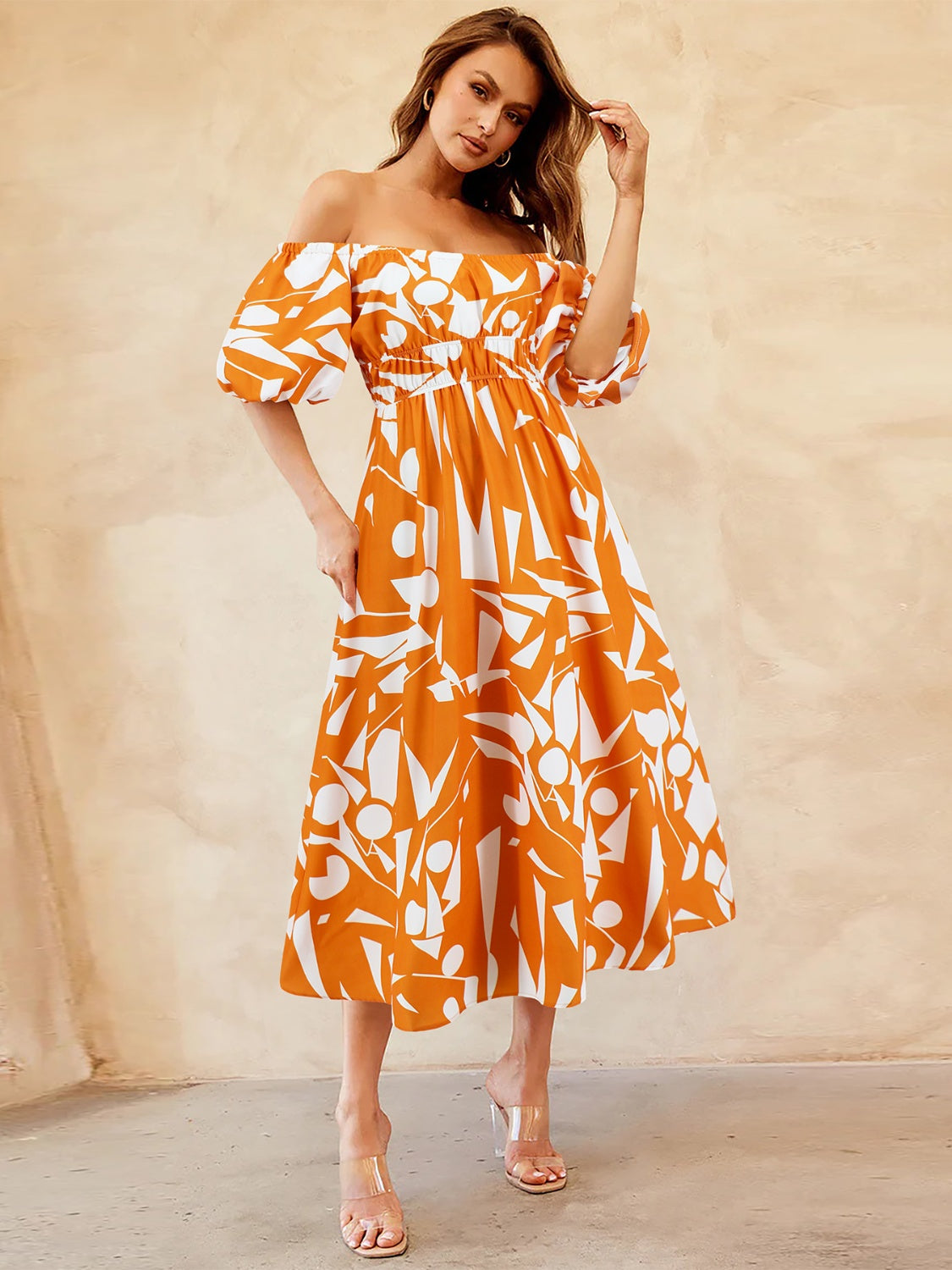 Printed Off-Shoulder Balloon Sleeve Dress-Angel Casuals