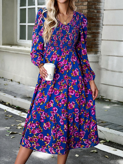 Floral Print Smocked Midi Dress-Angel Casuals