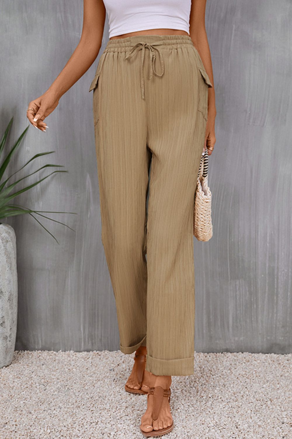 Tie Waist Pocketed Long Pants-Angel Casuals