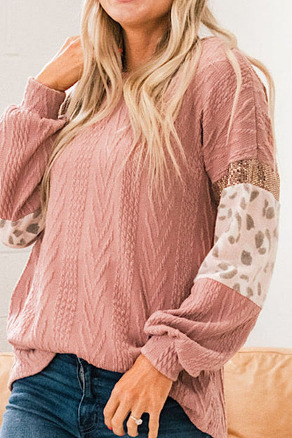 Sequin Leopard Round Neck Long Sleeve Sweater-Angel Casuals