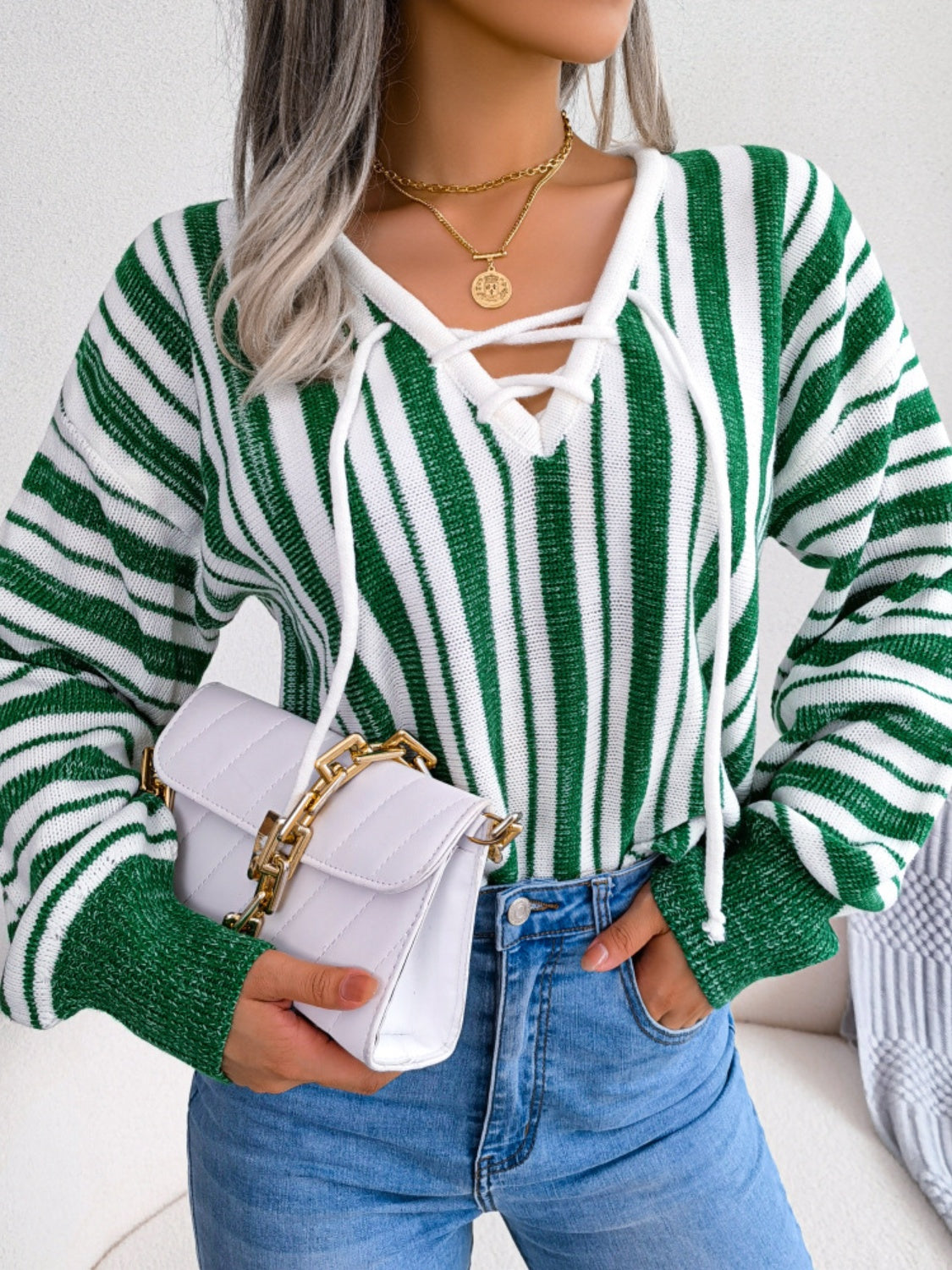 Striped Lace-Up Long Sleeve Sweater-Angel Casuals