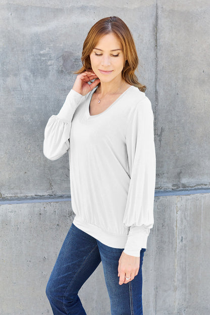 Basic Bae Full Size V-Neck Lantern Sleeve Blouse-Angel Casuals