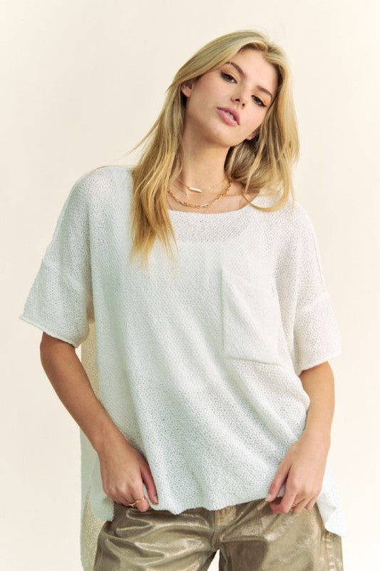 Davi & Dani Side Slit Round Neck Half Sleeve Knit Top-Angel Casuals