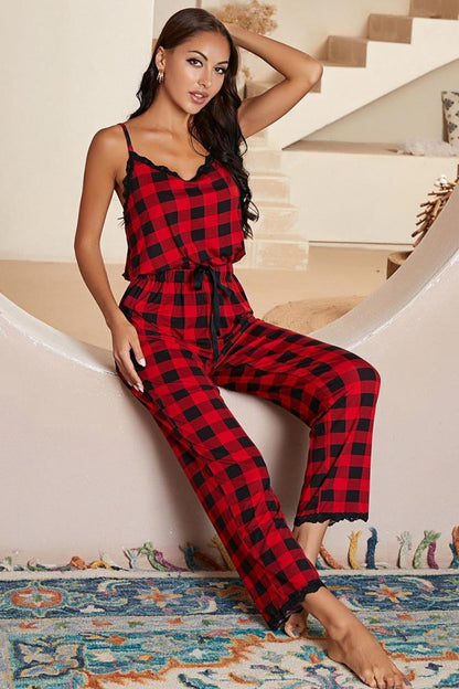 Plaid Lace Trim Spaghetti Strap Jumpsuit-Angel Casuals